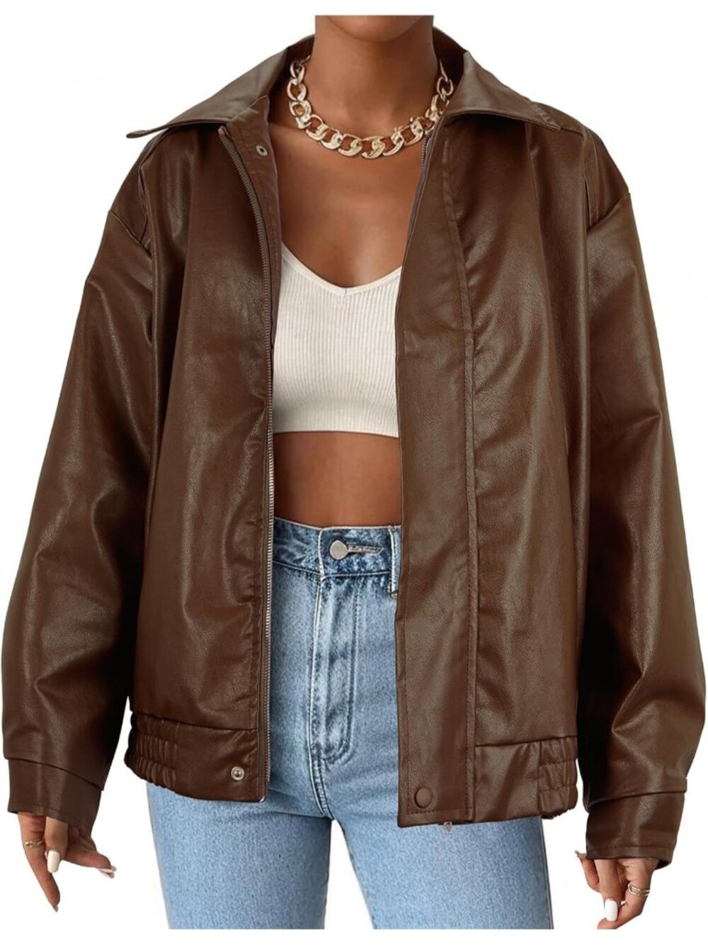 Women’s Caramel Faux Leather Oversized Bomber Biker Motorcycle Jacket Casual